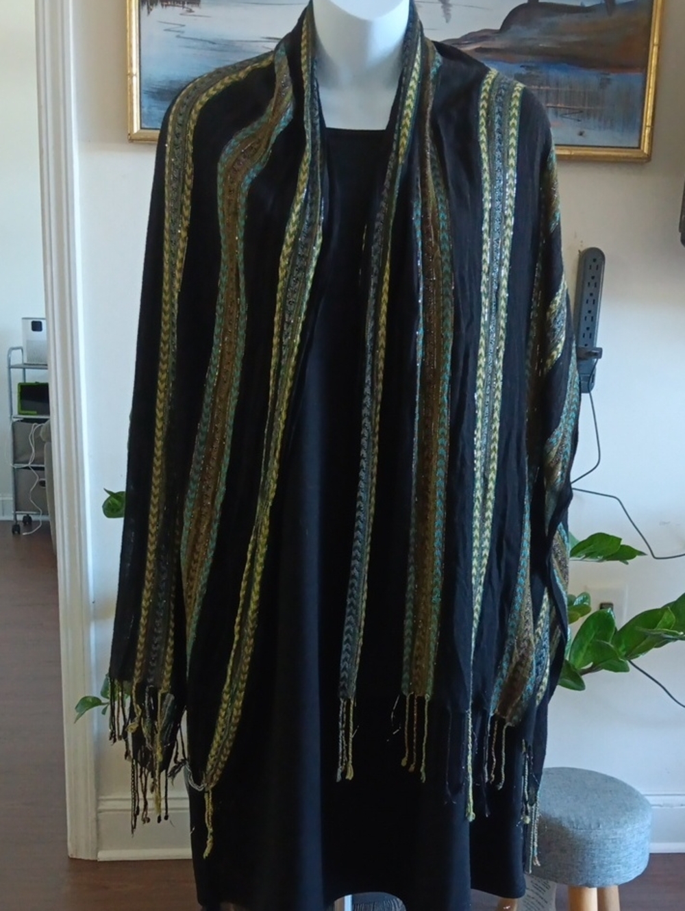 Black Striped Fringe Shawl Scarf - Women